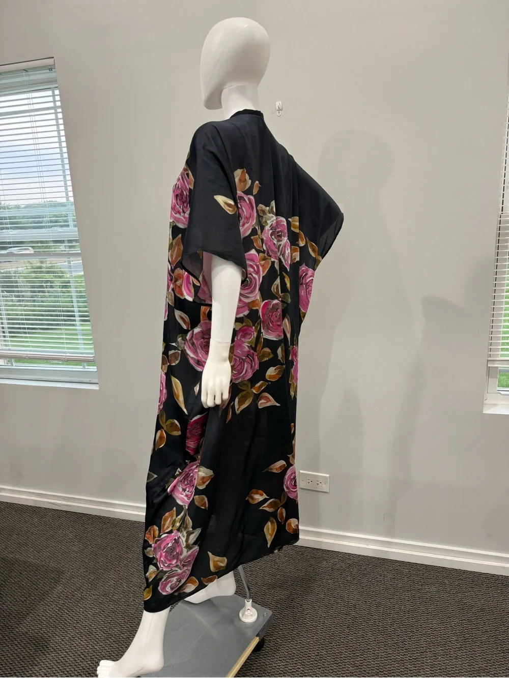 Black Floral Kimono Robe with Pink Rose Print
